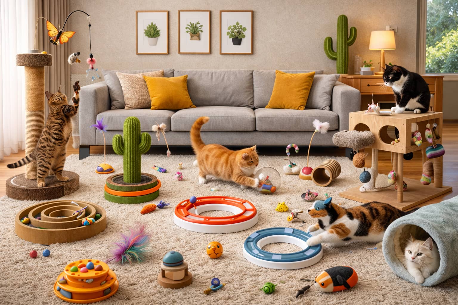 Diversão felina em sala acolhedora