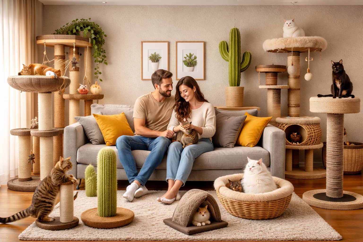 Sala aconchegante com muitos gatos