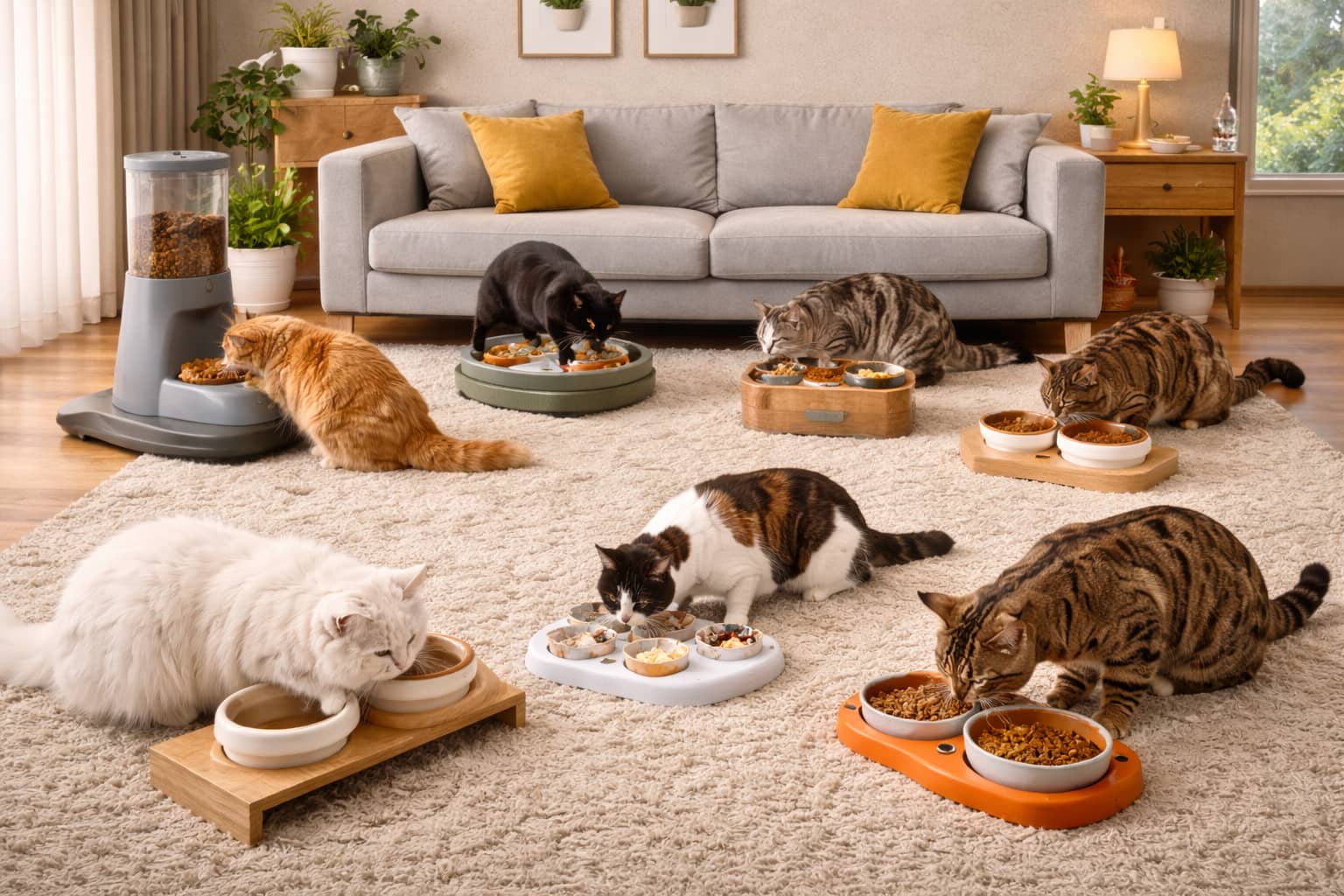 Sete gatos em uma refeição tranquila