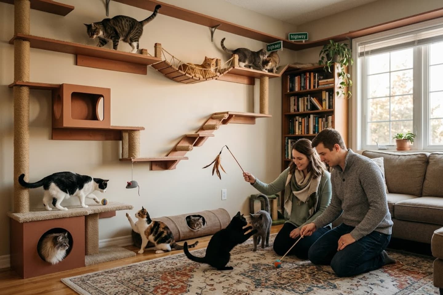 um casal brincando com seus gatos